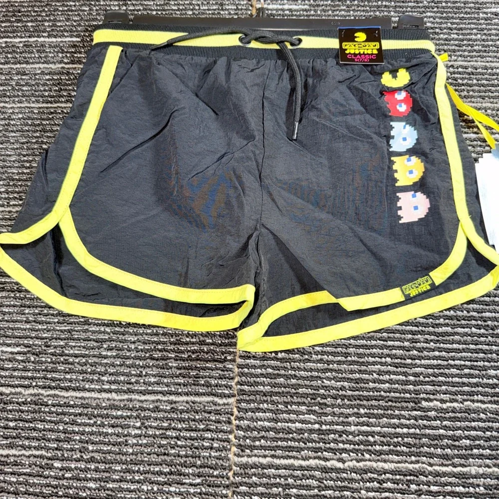 Justice Pac-Man Running Shorts Kids Size S 7/8 New Black Neon Yellow 607773
